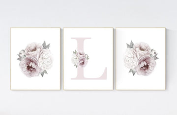 Nursery decor girl flower, floral nursery, peony nursery, Dusty Rose, peony flower, girl nursery wall decor, set of 3 prints, name print