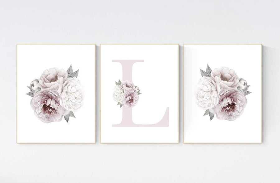 Nursery decor girl flower, floral nursery, peony nursery, Dusty Rose, peony flower, girl nursery wall decor, set of 3 prints, name print
