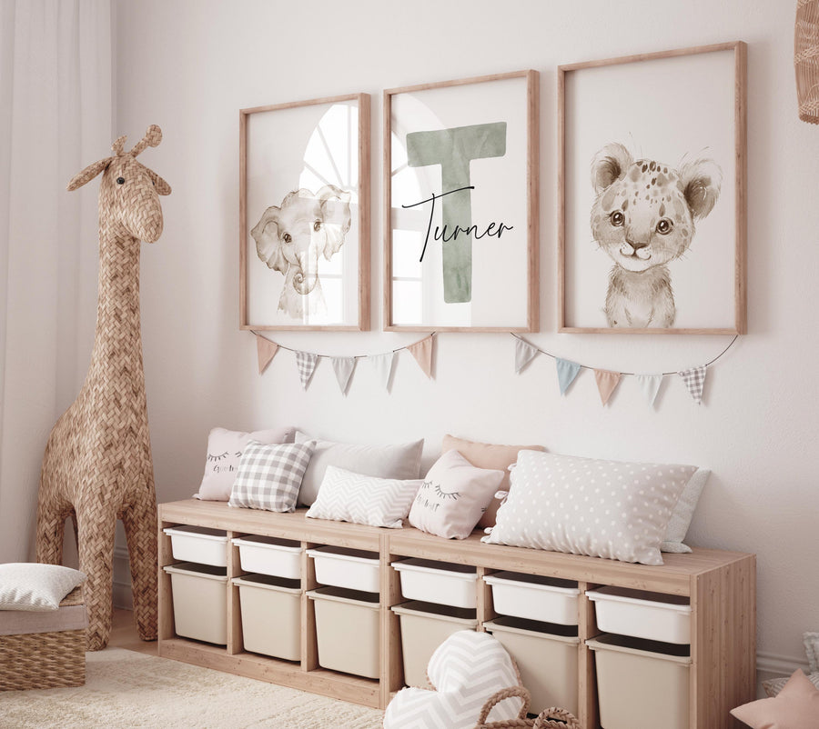 Nursery wall art animals, gray nursery, gender neutral nursery, sage green, baby room decor, bear, elephant, animal prints
