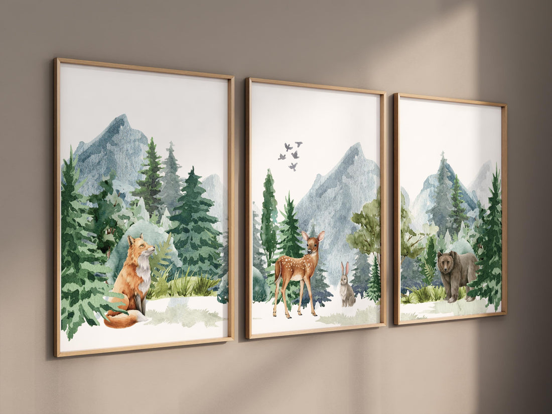 Nursery decor woodland, mountain wall art, tree nursery decor, adventure theme nursery, forest, green nursery, beige, woodland animals