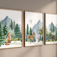 Nursery decor woodland, mountain wall art, tree nursery decor, adventure theme nursery, forest, green nursery, beige, woodland animals