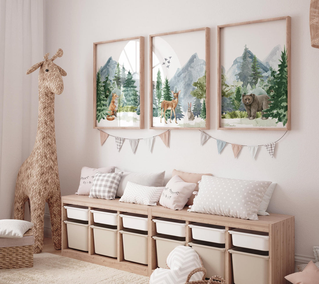 Nursery decor woodland, mountain wall art, tree nursery decor, adventure theme nursery, forest, green nursery, beige, woodland animals