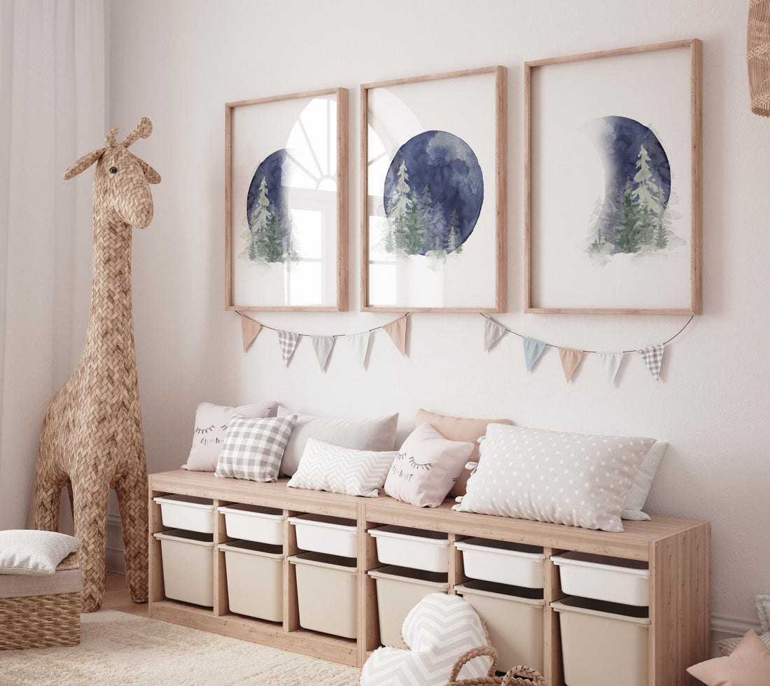 Moon nursery decor, moon print, navy blue nursery, sage nursery, full moon print, gender neutral, woodland nursery, moon nursery