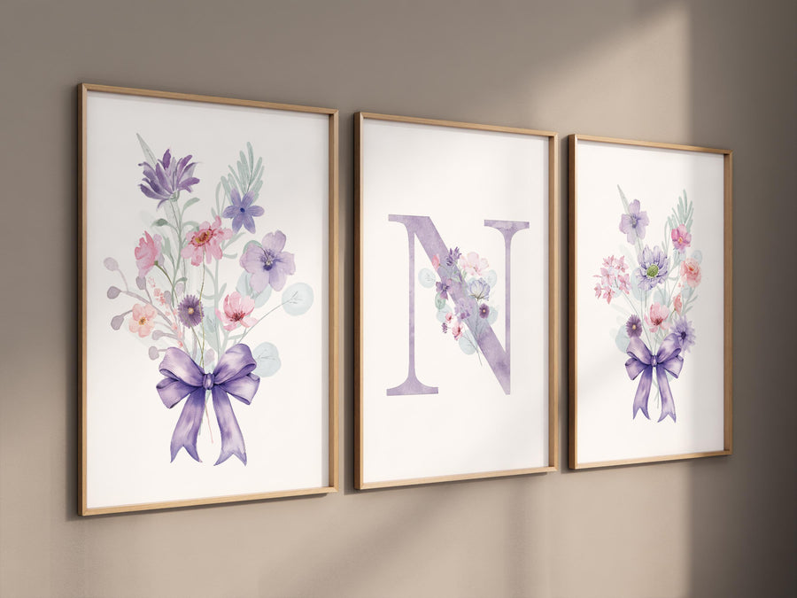 Wildflower Nursery, Boho prints, Botanical Prints, girl nursery decor, floral nursery, blush pink and purple, flower nursery, bow print