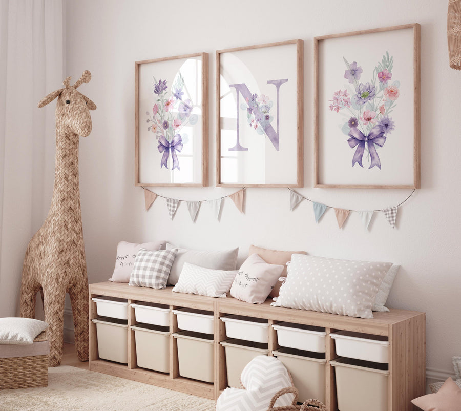 Wildflower Nursery, Boho prints, Botanical Prints, girl nursery decor, floral nursery, blush pink and purple, flower nursery, bow print