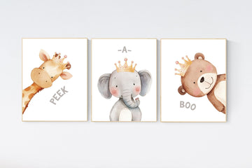 Peek a boo animals, Nursery Art Prints, woodland animals Nursery Print, Peekaboo Bear, Nursery Decor, Neutral Nursery Decor, animal prints