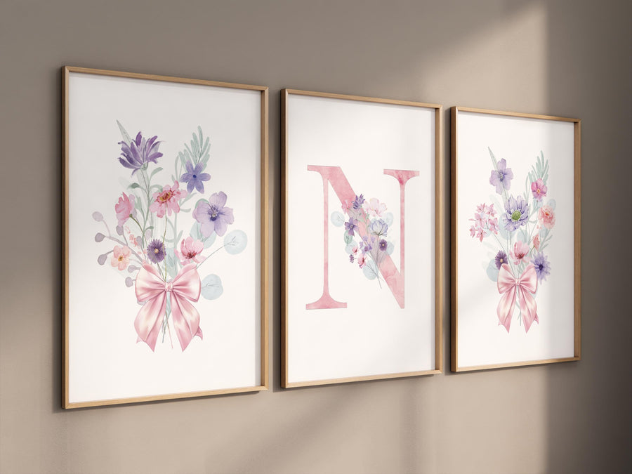 Wildflower Nursery, Boho prints, Botanical Prints, girl nursery decor, floral nursery, pink and purple, flower nursery, bow print