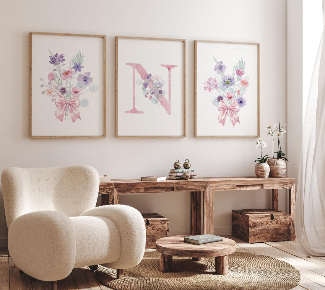 Wildflower Nursery, Boho prints, Botanical Prints, girl nursery decor, floral nursery, pink and purple, flower nursery, bow print