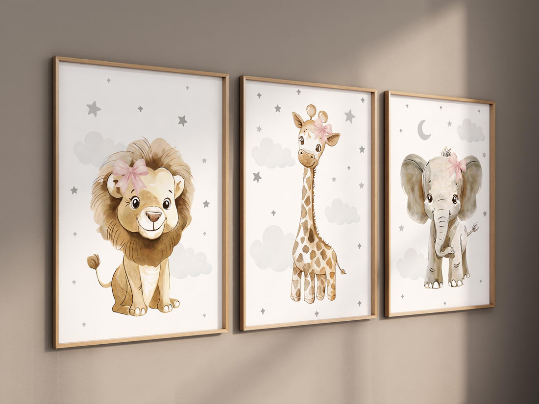 Nursery wall art animals, gray nursery, gender neutral nursery, baby room decor, bear, elephant, giraffe, animal prints, pink bow