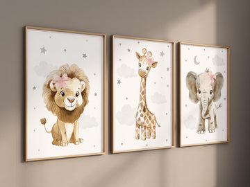 Nursery wall art animals, gray nursery, gender neutral nursery, baby room decor, bear, elephant, giraffe, animal prints, pink bow