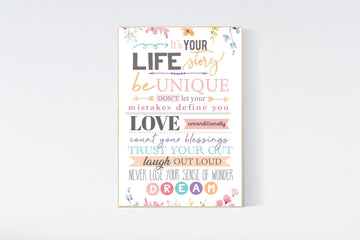 Girl wall art, Girl bedroom art, quote print, it's your life story, teen room, girls room decor, flower print, girls  quote decor