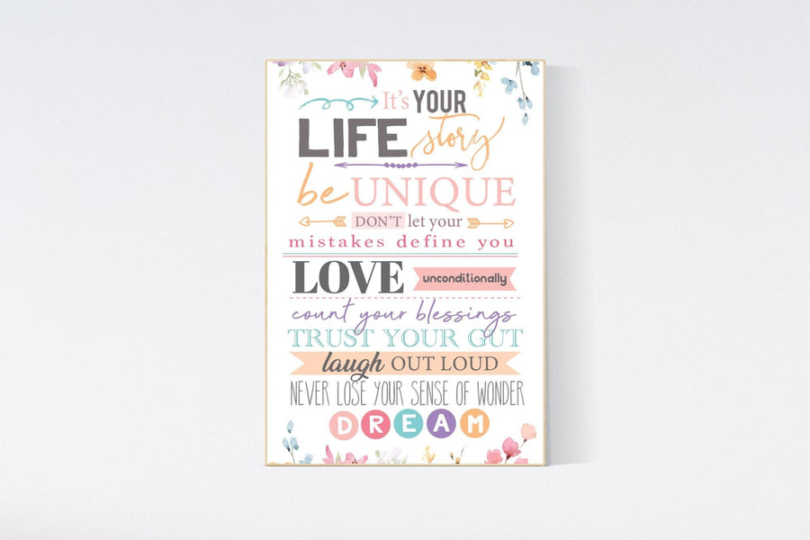 Girl wall art, Girl bedroom art, quote print, it's your life story, teen room, girls room decor, flower print, girls  quote decor