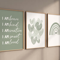 Nursery decor Boho, rainbow nursery, sage nursery, boys room decor, sage green nursery, I am brave, heart print, gender neutral nursery