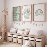 Nursery decor Boho, rainbow nursery, sage nursery, boys room decor, sage green nursery, I am brave, heart print, gender neutral nursery