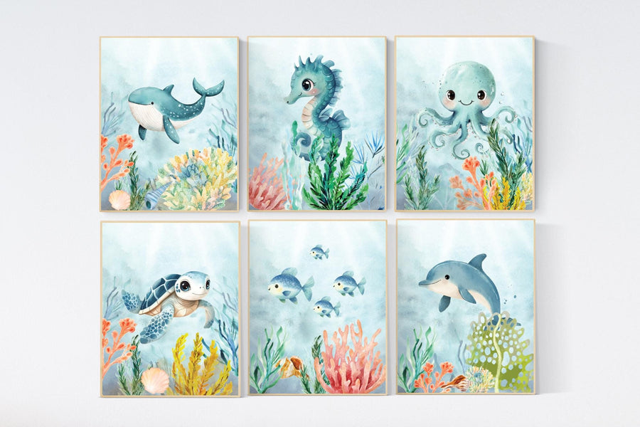 Ocean Animal Prints, Under the Sea Nursery Prints, Sea Animal Wall Art, Playroom Decor, gender neutral nursery, nursery prints, sea themed