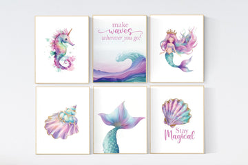 Mermaid Nursery Decor, Nursery decor girl, mermaid prints for girls room, sea nursery decor, ocean nursery, Pink purple Teal, mermaid theme