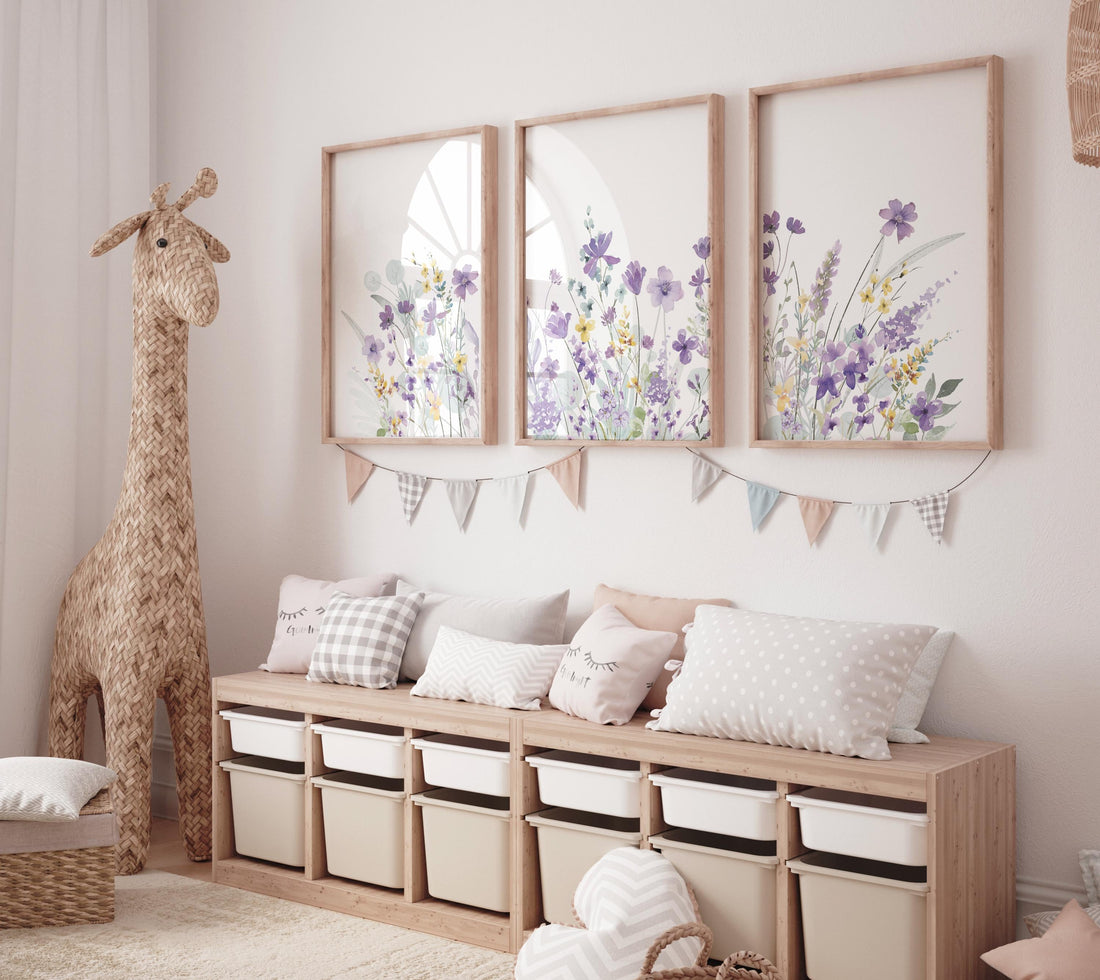 Purple flower nursery decor, wildflower nursery, girls room decor, Nursery decor girl, purple and yellow, lavender nursery, lilac nursery