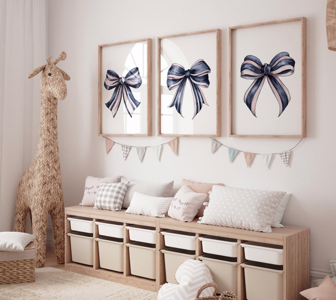 Bow print wall art, Bow nursery print, navy pink, bow nursery art, bow nursery decor, bow print wall art, navy and pink, navy Blue