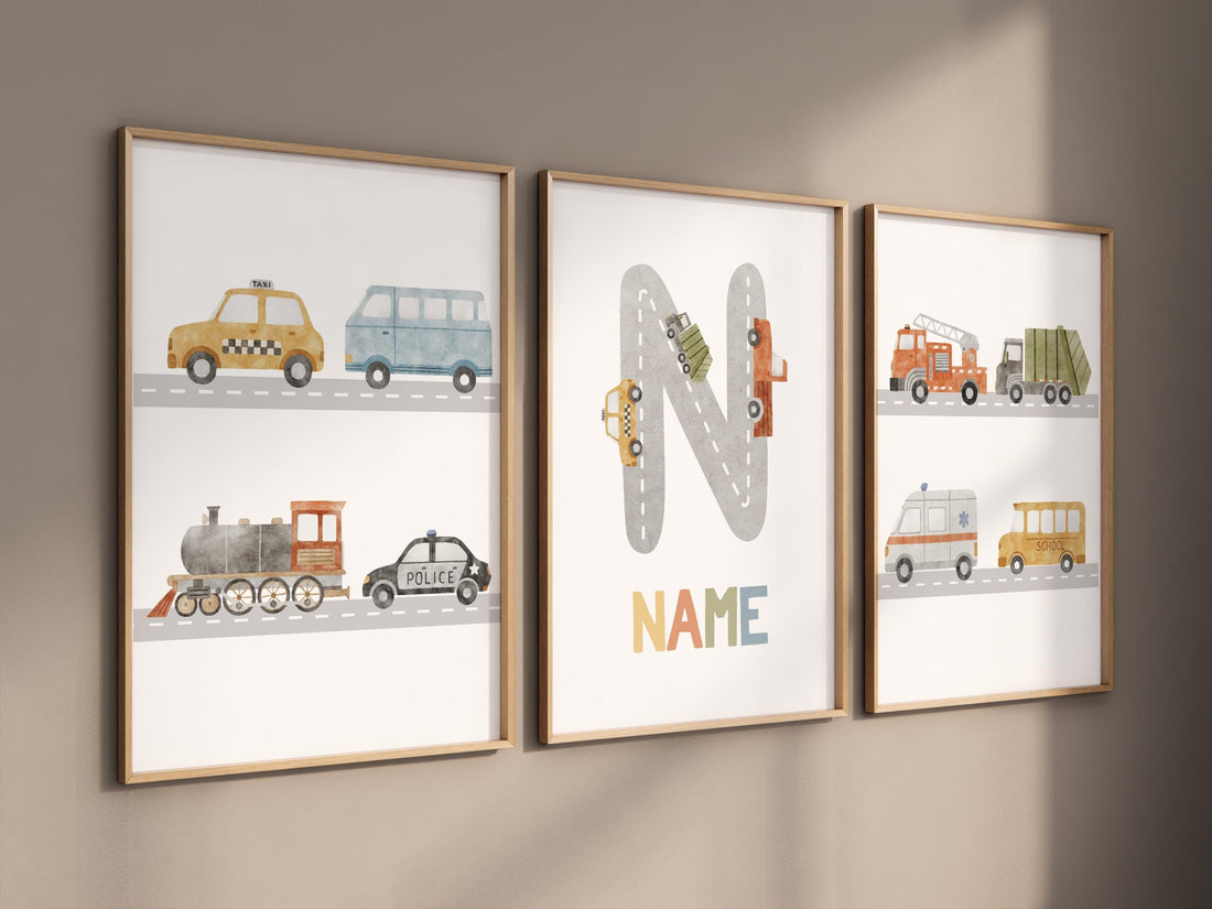 Transport Vehicle Posters, Boy Room Wall Art, Custom Name Wall Art, Boy Room Trucks Decor, Personalized Transport Nursery, playroom decor