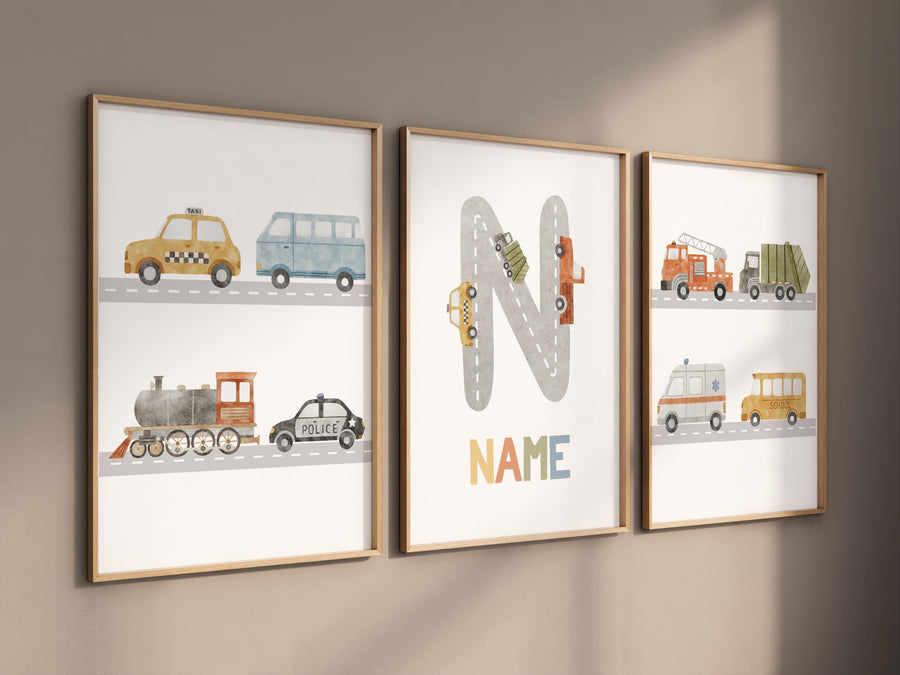 Transport Vehicle Posters, Boy Room Wall Art, Custom Name Wall Art, Boy Room Trucks Decor, Personalized Transport Nursery, playroom decor