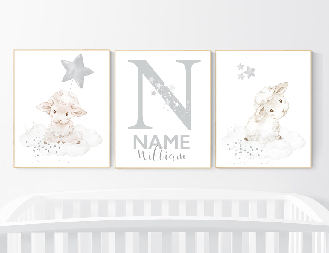 Sheep nursery decor, Gray nursery decor, nursery decor lambs, nursery wall art sheep, moon and cloud wall art nursery gender neutral nursery