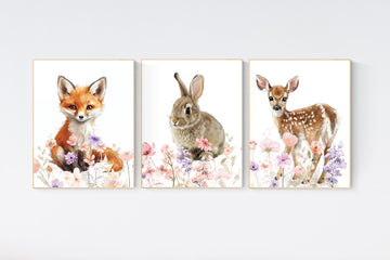 Floral Woodland Watercolor Prints, Safari Animals, wildflower prints, Girl's Room Decor, girl nursery, Safari Nursery Wall Art