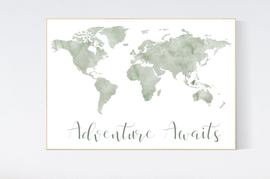 Sage Green World Map Nursery Print: Adventure Awaits