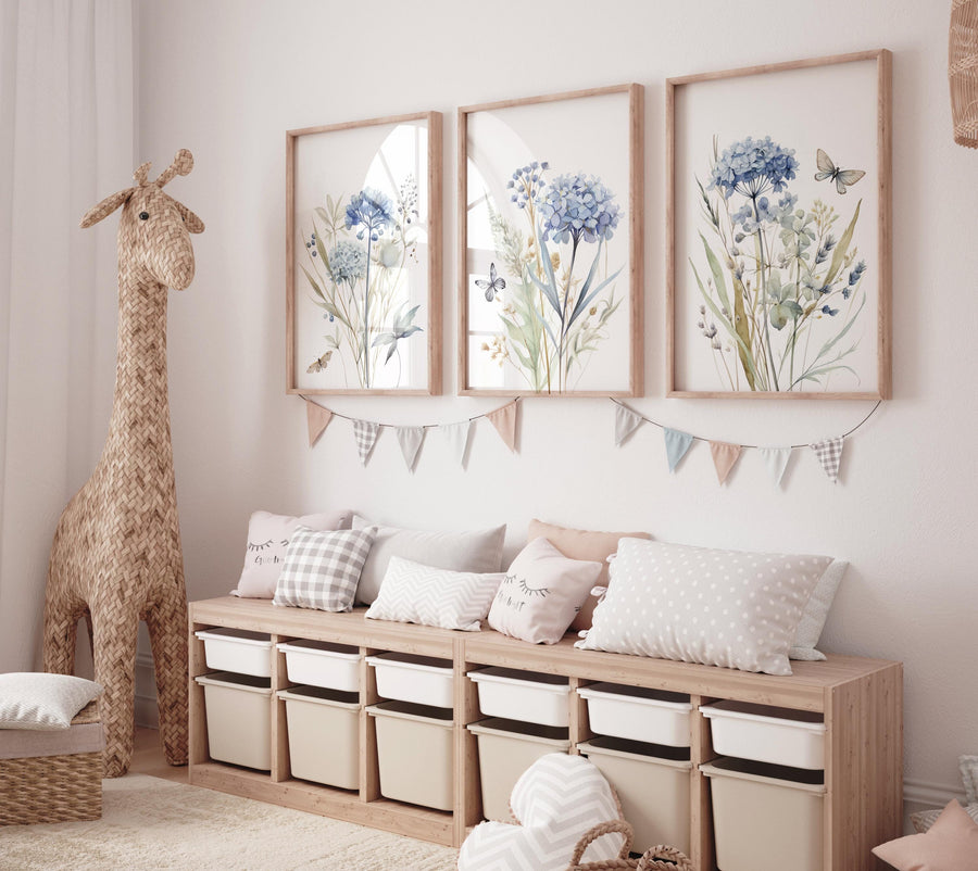 Wildflower nursery, boho prints, Blue Watercolor Botanical Print, Light Blue Hydrangea Print, Boho Floral, Wildflower prints, home wall art