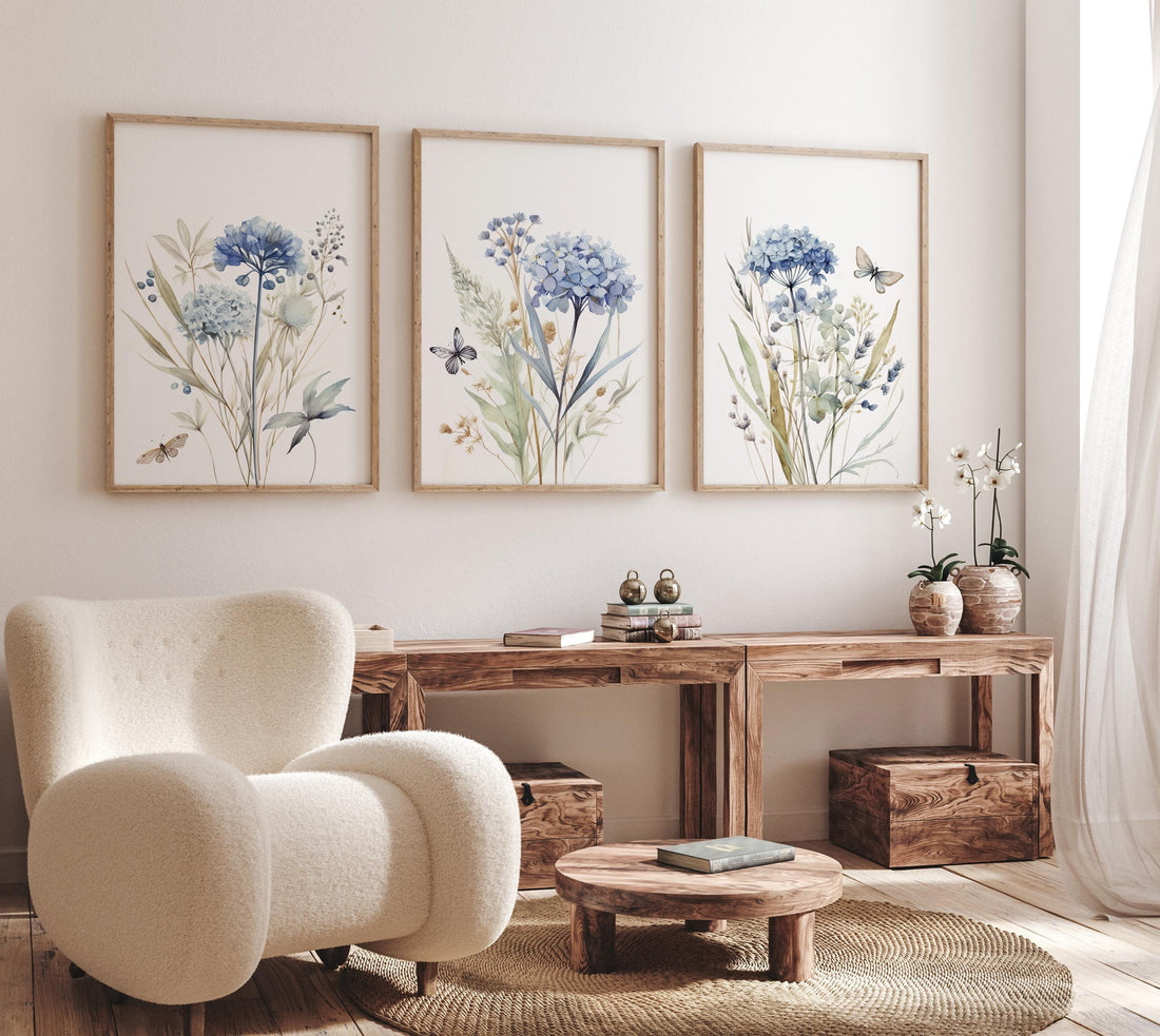 Wildflower nursery, boho prints, Blue Watercolor Botanical Print, Light Blue Hydrangea Print, Boho Floral, Wildflower prints, home wall art