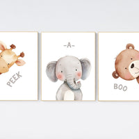 Peek a boo animals, Nursery Art Prints, woodland animals Nursery Print, Peekaboo Bear, Nursery Decor, Neutral Nursery Decor, animal prints