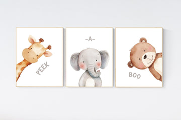 Peek a boo animals, Nursery Art Prints, woodland animals Nursery Print, Peekaboo Bear, Nursery Decor, Neutral Nursery Decor, animal prints