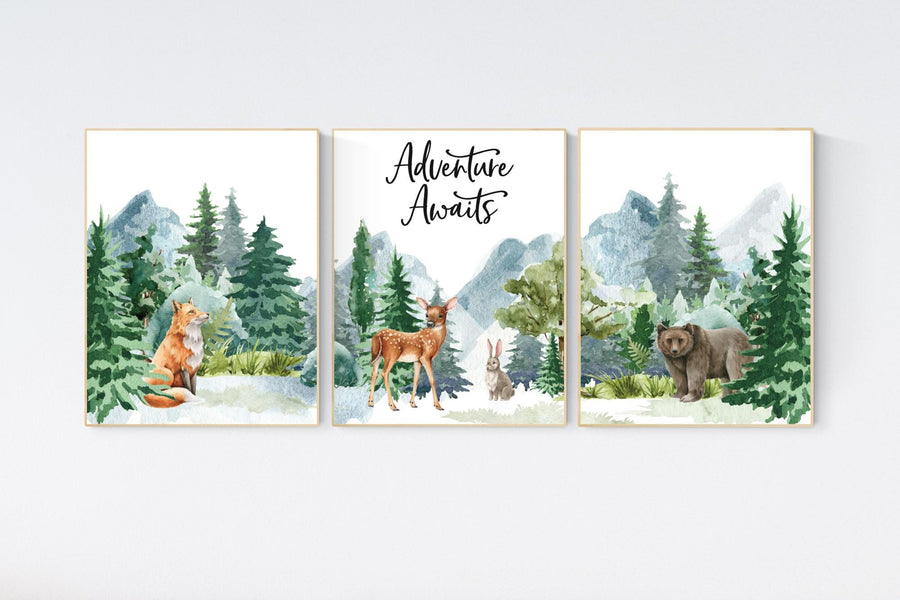Nursery decor woodland, mountain wall art, tree nursery decor, adventure theme, forest, woodland animals, Adventure Awaits
