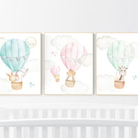 Nursery decor gender neutral, hot air balloon, animal prints, mint, pink, teal, twins, animal nursery, neutral, elephant, bear