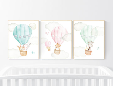 Nursery decor gender neutral, hot air balloon, animal prints, mint, pink, teal, twins, animal nursery, neutral, elephant, bear