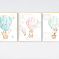 Nursery decor gender neutral, hot air balloon, animal prints, mint, pink, teal, twins, animal nursery, neutral, elephant, bear