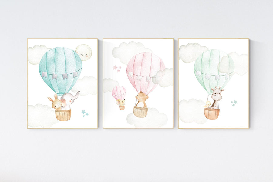 Nursery decor gender neutral, hot air balloon, animal prints, mint, pink, teal, twins, animal nursery, neutral, elephant, bear