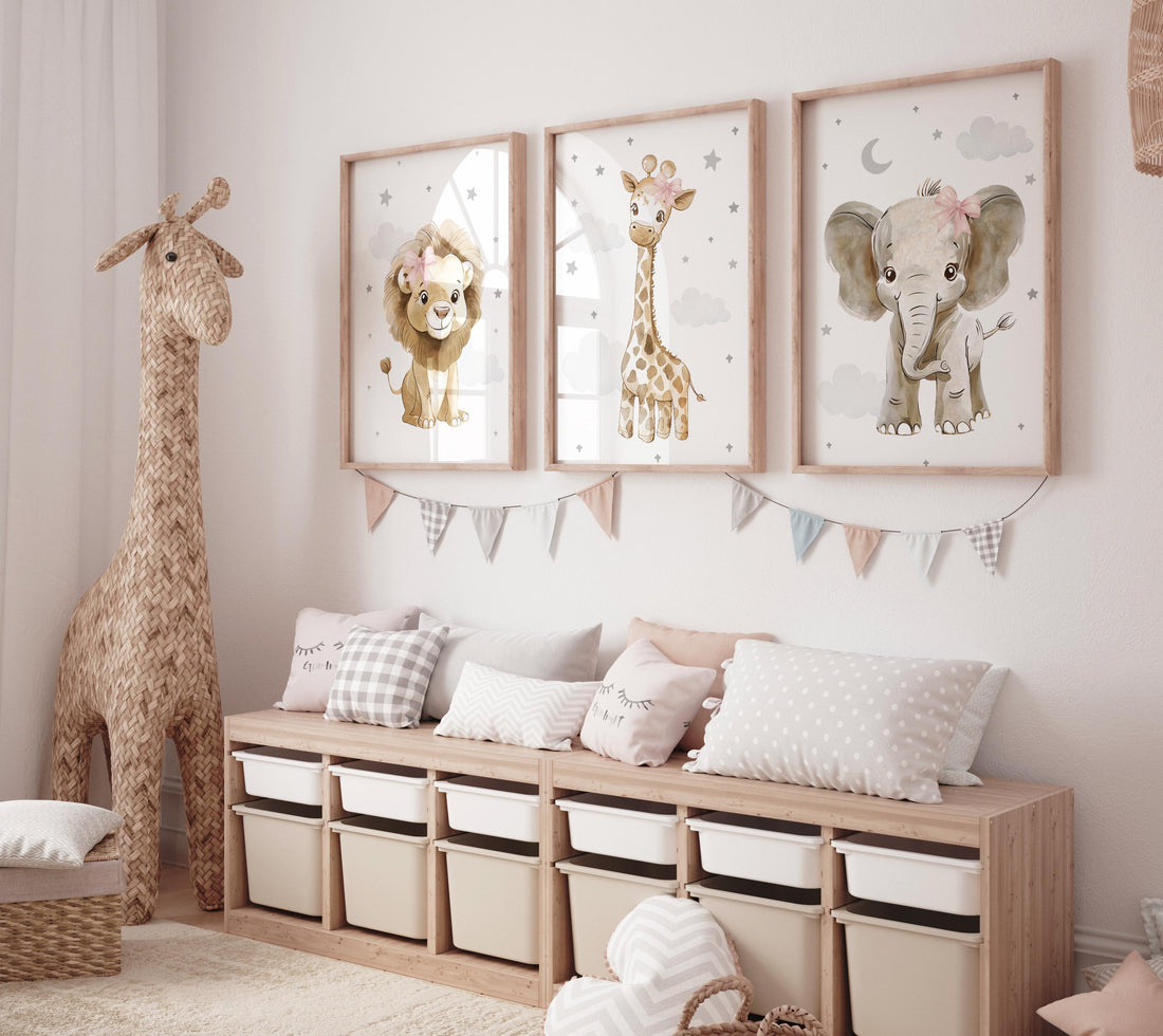 Nursery wall art animals, gray nursery, gender neutral nursery, baby room decor, bear, elephant, giraffe, animal prints, pink bow
