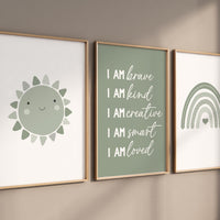 Nursery decor Boho, rainbow nursery, sage nursery, boys room decor, sage green nursery, I am brave, heart print, gender neutral nursery