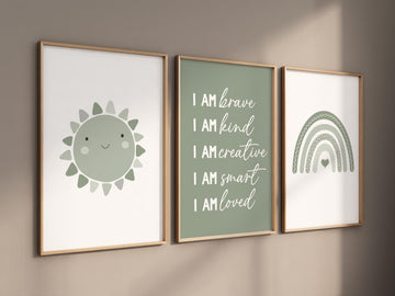 Nursery decor Boho, rainbow nursery, sage nursery, boys room decor, sage green nursery, I am brave, heart print, gender neutral nursery