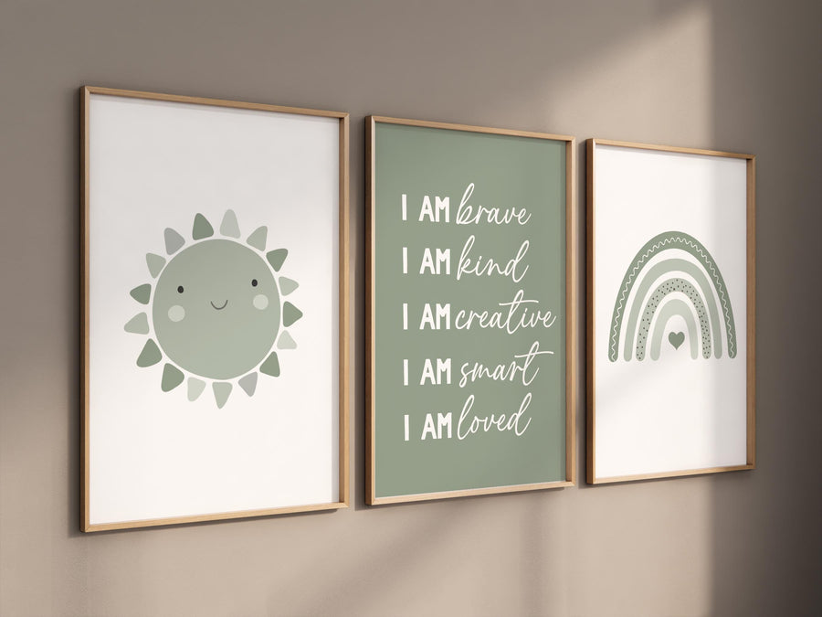 Nursery decor Boho, rainbow nursery, sage nursery, boys room decor, sage green nursery, I am brave, heart print, gender neutral nursery