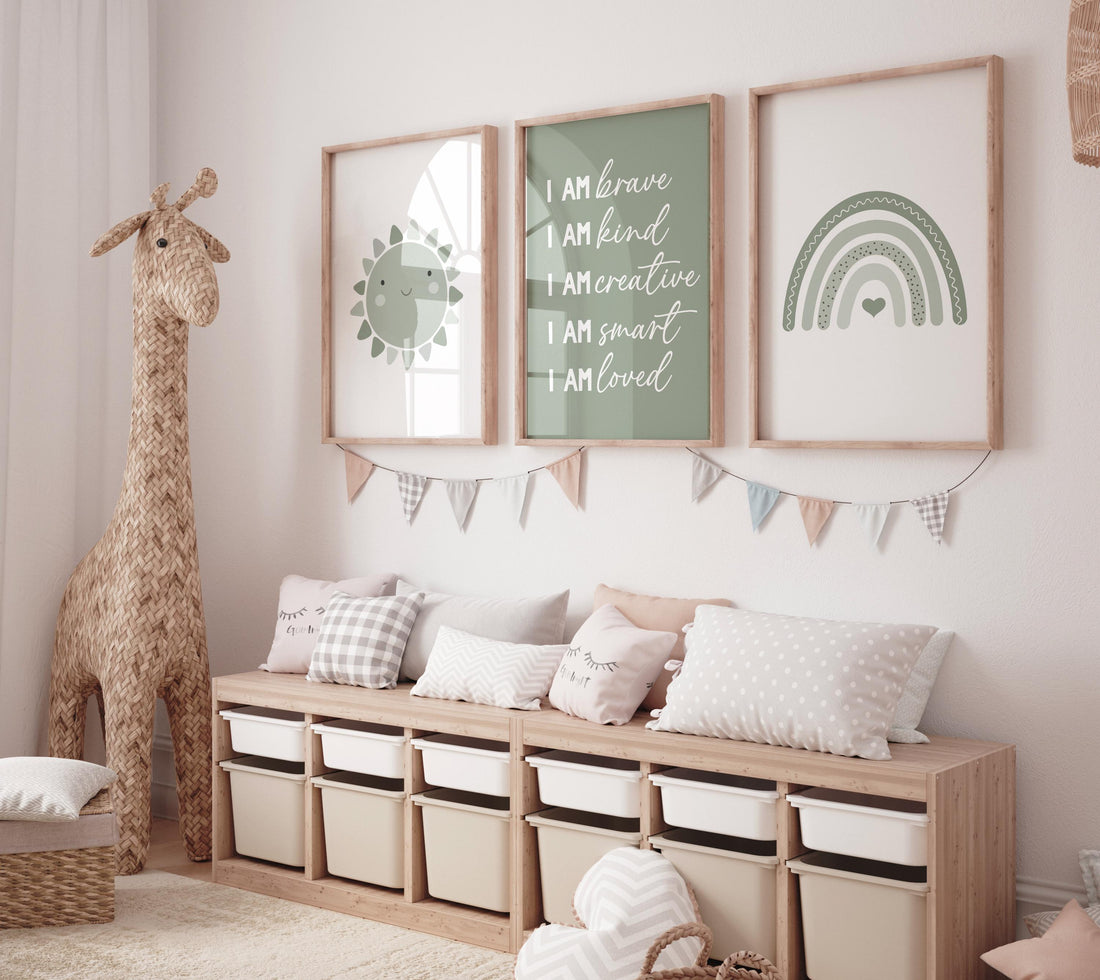 Nursery decor Boho, rainbow nursery, sage nursery, boys room decor, sage green nursery, I am brave, heart print, gender neutral nursery