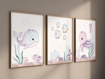 Ocean nursery decor, girl nursery, Nautical nursery print set, under the sea nursery, Under the sea wall art, pink nursery, girls room decor