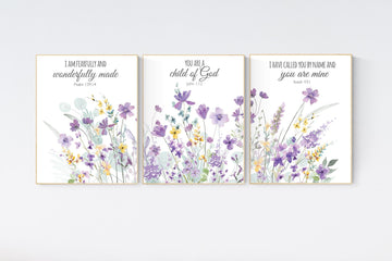 Purple and yellow flower nursery decor girl, wildflower, girls room decor, lavender nursery, lilac nursery, bible verse, christian art