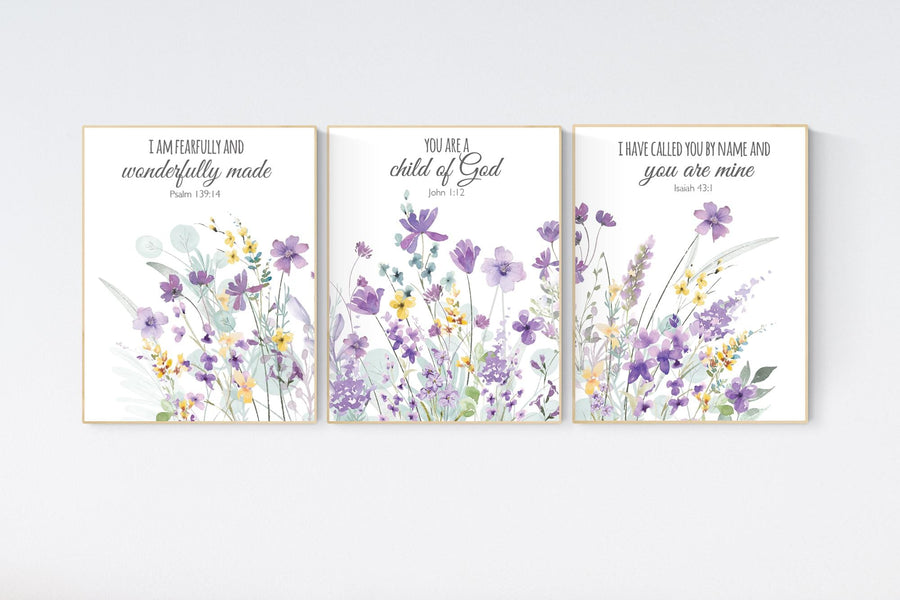 Purple and yellow flower nursery decor girl, wildflower, girls room decor, lavender nursery, lilac nursery, bible verse, christian art