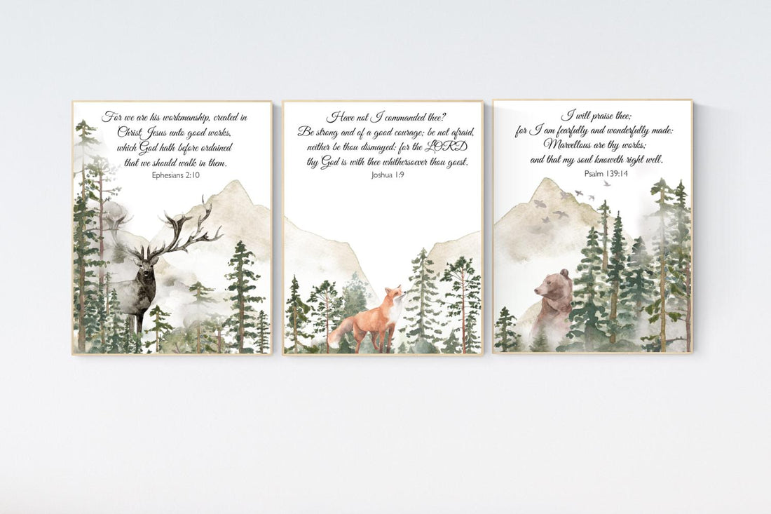 Nursery decor woodland, mountain wall art, tree nursery decor, adventure theme nursery, forest, sage green, bible nursery, verse nursery