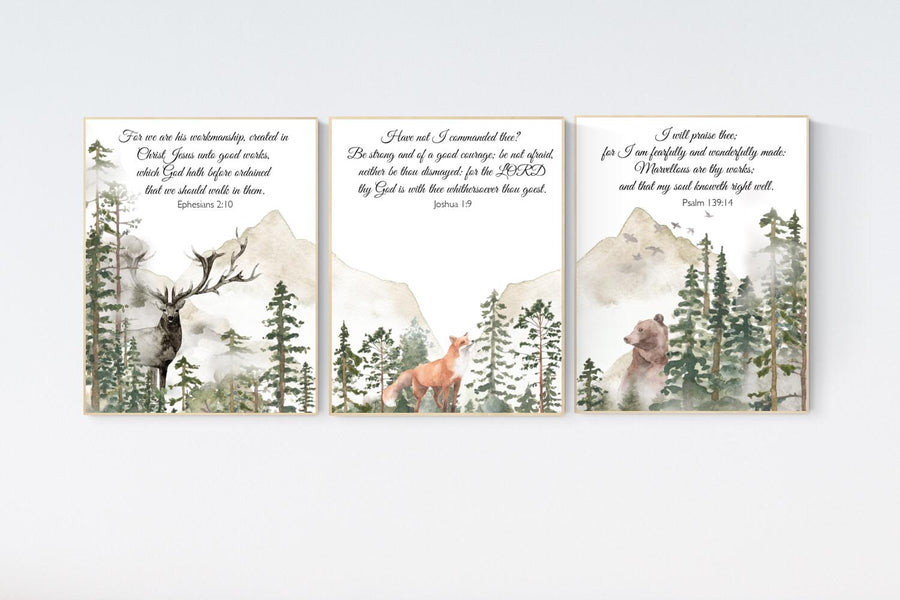 Nursery decor woodland, mountain wall art, tree nursery decor, adventure theme nursery, forest, sage green, bible nursery, verse nursery