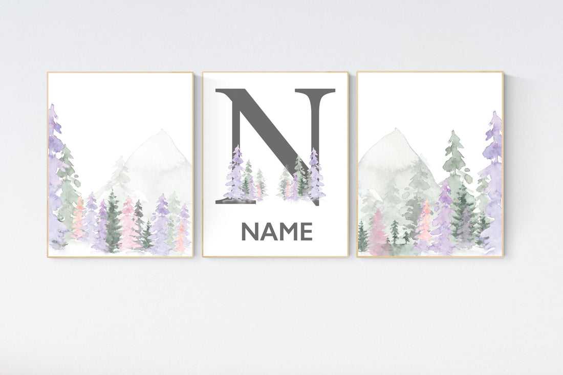 Nursery decor woodland, mountain wall art, tree nursery decor, adventure theme nursery, forest, pink, green, purple and blush pink