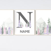 Nursery decor woodland, mountain wall art, tree nursery decor, adventure theme nursery, forest, pink, green, purple and blush pink