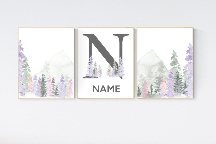 Nursery decor woodland, mountain wall art, tree nursery decor, adventure theme nursery, forest, pink, green, purple and blush pink
