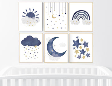 Navy nursery decor, boy nursery wall decor, rainbow nursery, cloud and stars, moon and stars, navy blue, gold nursery, nursery prints boy